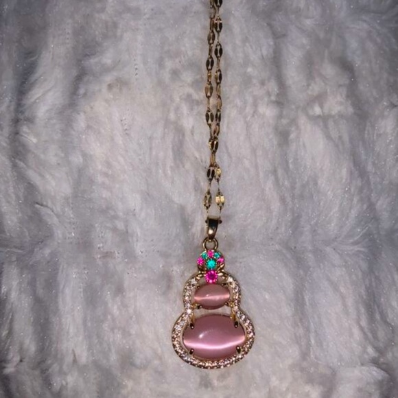 Gold Plated Pink, Red, And Colorful Cat's Eye Stone Gourd Chain Necklace - Picture 8 of 9